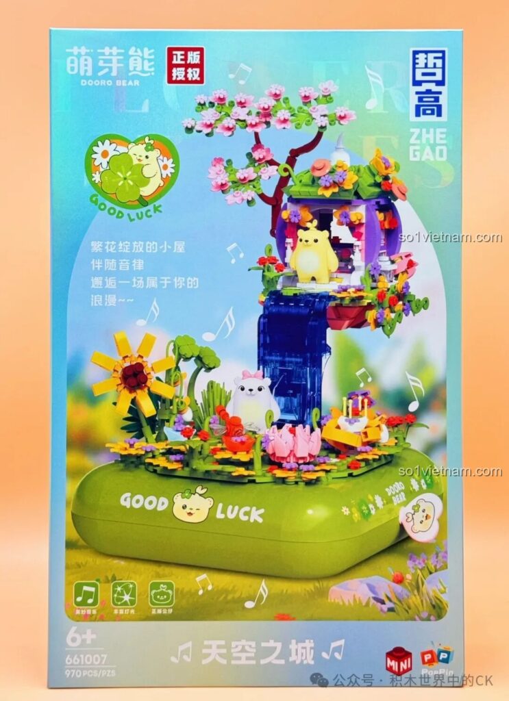 Hộp bộ lắp ráp ZHEGAO 661007 "Sky Castle" với hình ảnh mô hình hoàn thiện và các chú Gấu Mây Hồng đáng yêu