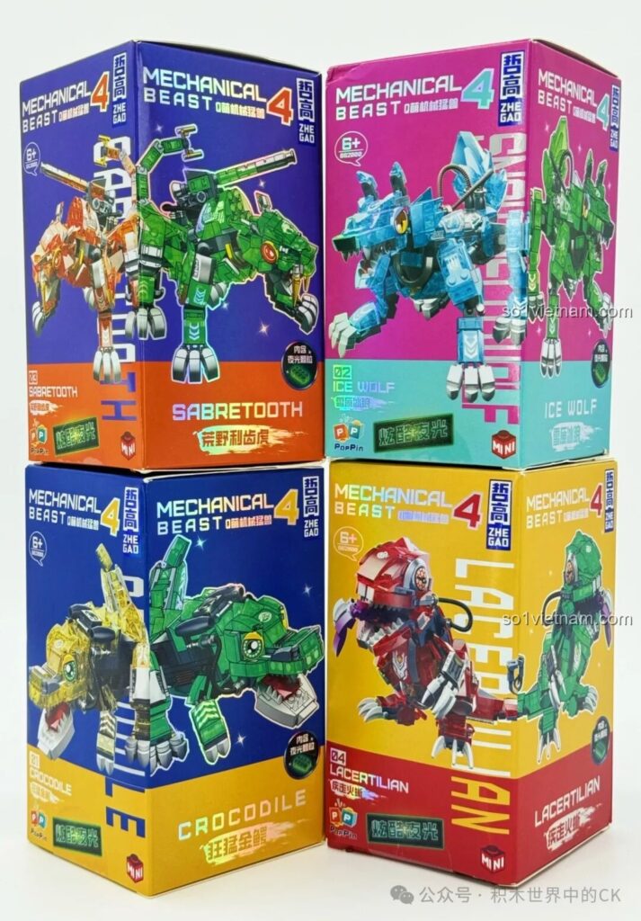 Hộp sản phẩm bộ lắp ghép ZHEGAO 662000 Bộ 4 Mô Hình Quái Thú Cơ Khí Dễ Thương, hiển thị Sói Băng Tuyết, Cá Sấu Vàng, Thằn Lằn Lửa, Hổ Răng Kiếm.