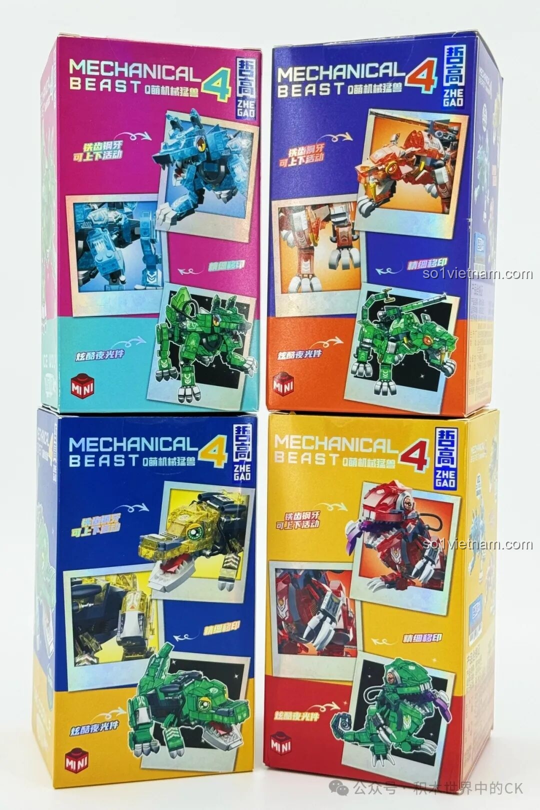 Mặt sau hộp bộ lắp ghép ZHEGAO 662000 Mô Hình Quái Thú Cơ Khí, hiển thị các góc nhìn khác của Sói Băng Tuyết và Thằn Lằn Lửa.