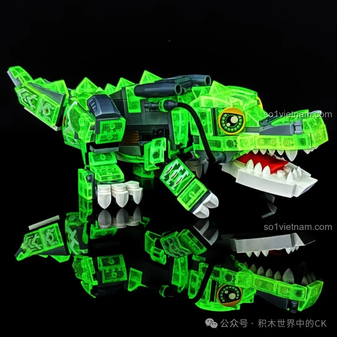 Mô hình Cá Sấu Vàng Hung Tợn ZHEGAO 662000 phát sáng màu xanh lá trong bóng tối, hiệu ứng độc đáo.