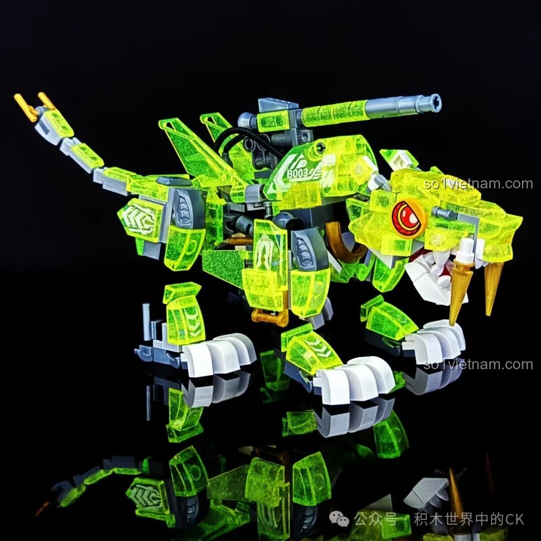 Mô hình Hổ Răng Kiếm Hoang Dã ZHEGAO 662000 phát sáng màu xanh lá trong bóng tối, hiệu ứng độc đáo.