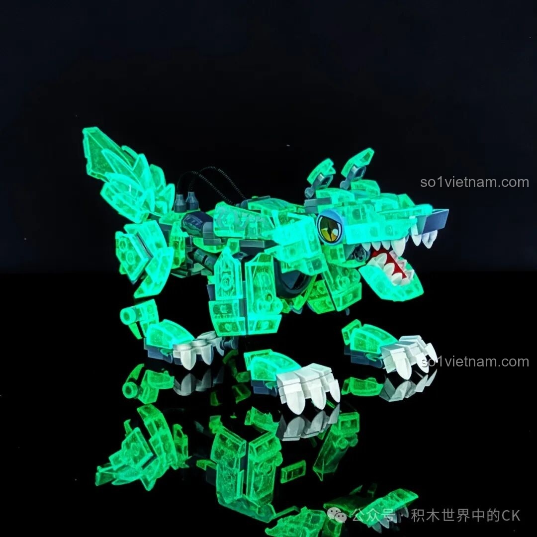 Mô hình Sói Băng Tuyết ZHEGAO 662000 phát sáng màu xanh lá trong bóng tối, hiệu ứng độc đáo.