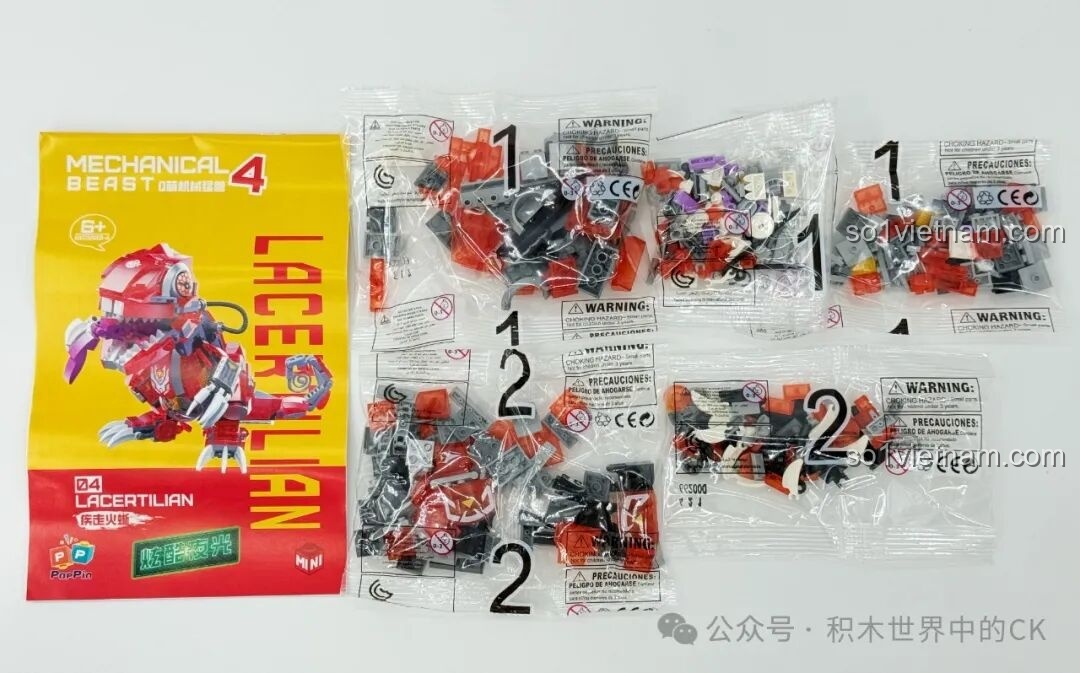 Nội dung hộp Thằn Lằn Lửa Tốc Độ ZHEGAO 662000, bao gồm sách hướng dẫn và các túi mảnh ghép mini block màu đỏ cam.