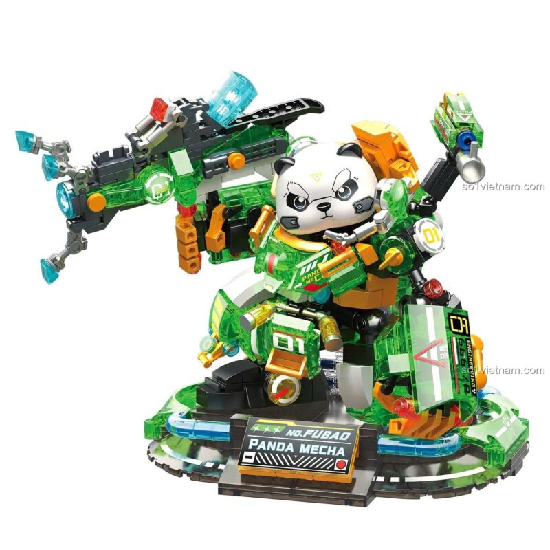 Mô hình Mecha Gấu Trúc Phúc Bảo Hào ZHEGAO 662011 trên đế trưng bày, Robot Gấu Trúc 662011 với vũ khí, chất lượng cao