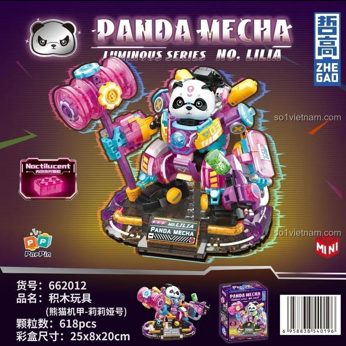 Hộp bộ lắp ghép ZHEGAO 662012 Panda Mecha Lilia, đồ chơi xây dựng Người máy Gấu Trúc Lilia 618 mảnh, giá rẻ