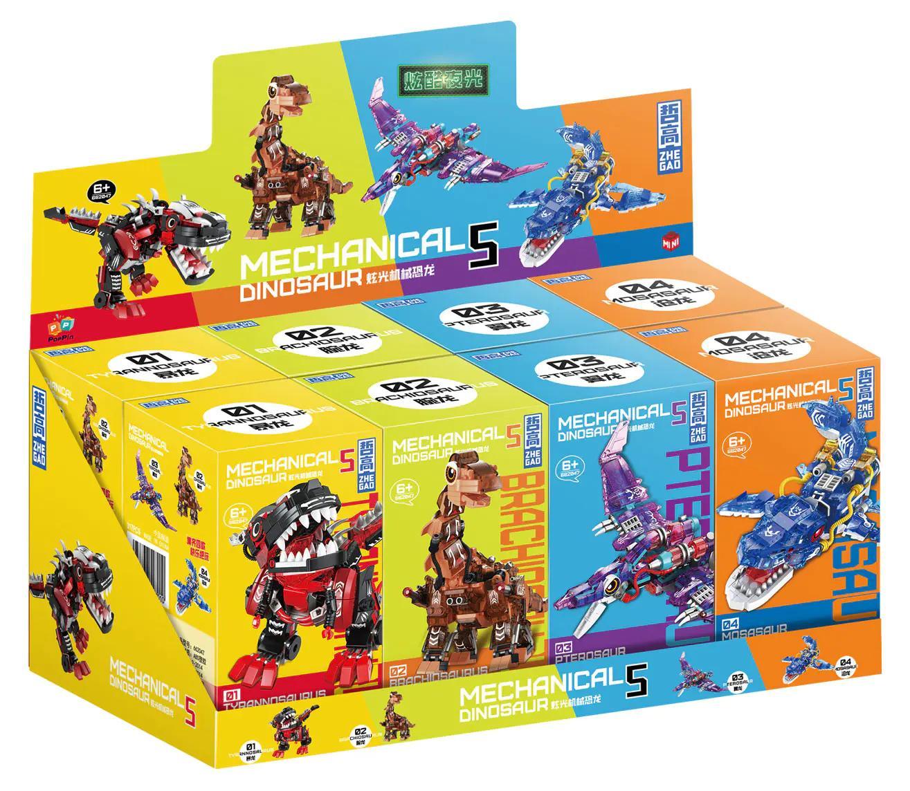 Bộ đồ chơi ZHEGAO 662047 Bộ 4 Khủng Long Cơ Khí Phát Sáng có đèn LED, lắp ráp đa dạng, giá rẻ cho bé trai 6 tuổi