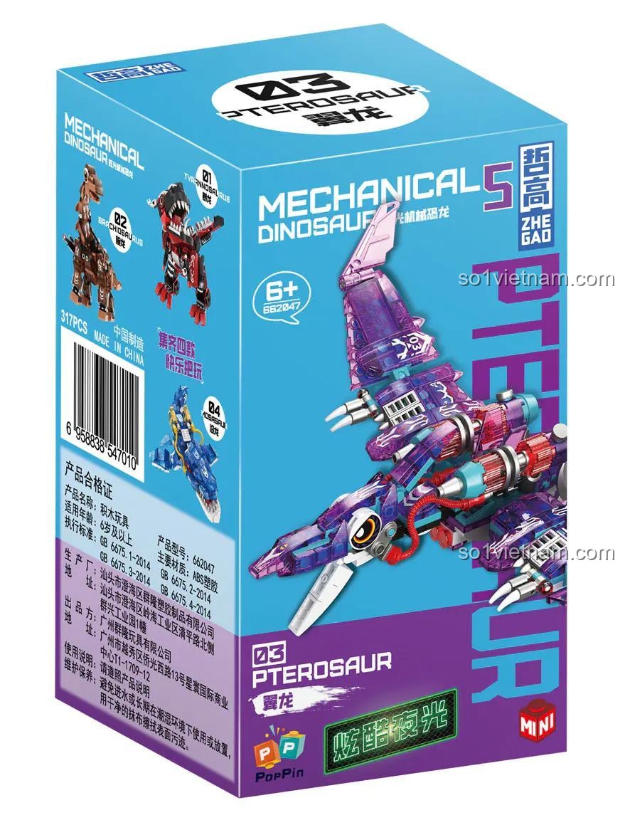 Bộ lắp ghép ZHEGAO 662047 Pterosaur màu tím, khủng long cơ khí phát sáng, giá tốt cho bé trai 6 tuổi