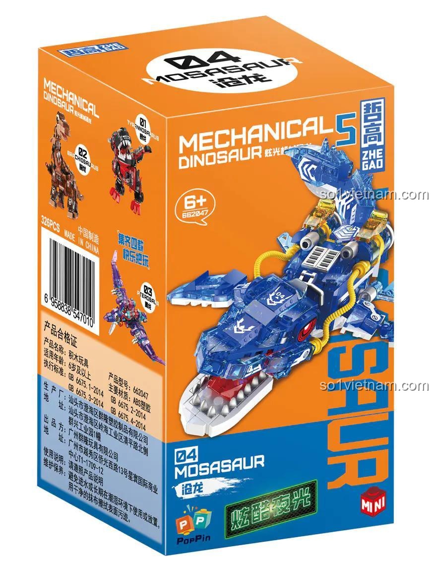Đồ chơi mô hình ZHEGAO 662047 Mosasaur màu xanh dương, khủng long robot phát sáng, đáng tiền cho bé trai 6 tuổi