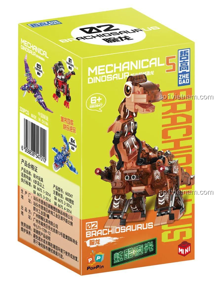 Đồ chơi lắp ráp ZHEGAO 662047 Brachiosaurus màu nâu, khủng long robot phát sáng, phát triển tư duy cho bé trai 6 tuổi
