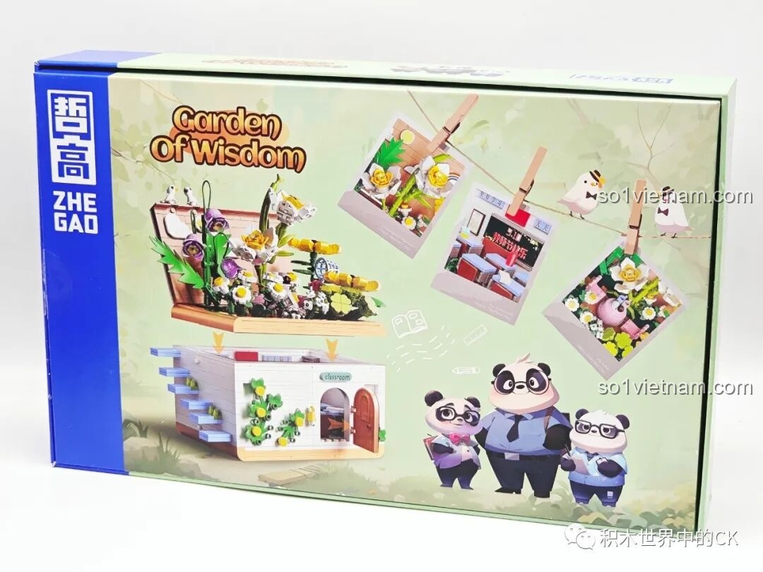Mặt sau hộp ZHEGAO 663016 Vườn Trí Tuệ với hình ảnh mô hình và các nhân vật
