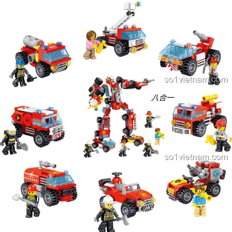Các mẫu lắp được của đồ chơi lắp ráp ZHEGAO 913001 Robot cứu hỏa 8 trong 1, thể hiện khả năng biến hình linh hoạt, kích thích sáng tạo cho bé trai 6 tuổi.