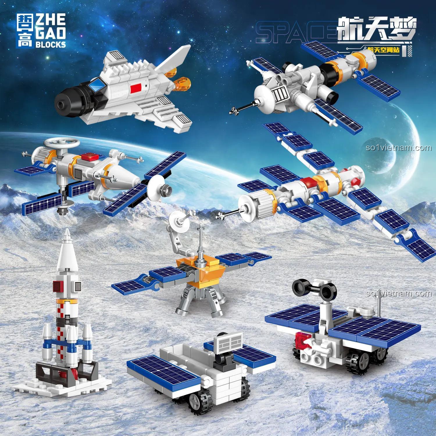 Các mô hình lắp ráp từ bộ ZHEGAO 915002: Tàu vũ trụ, tên lửa, vệ tinh