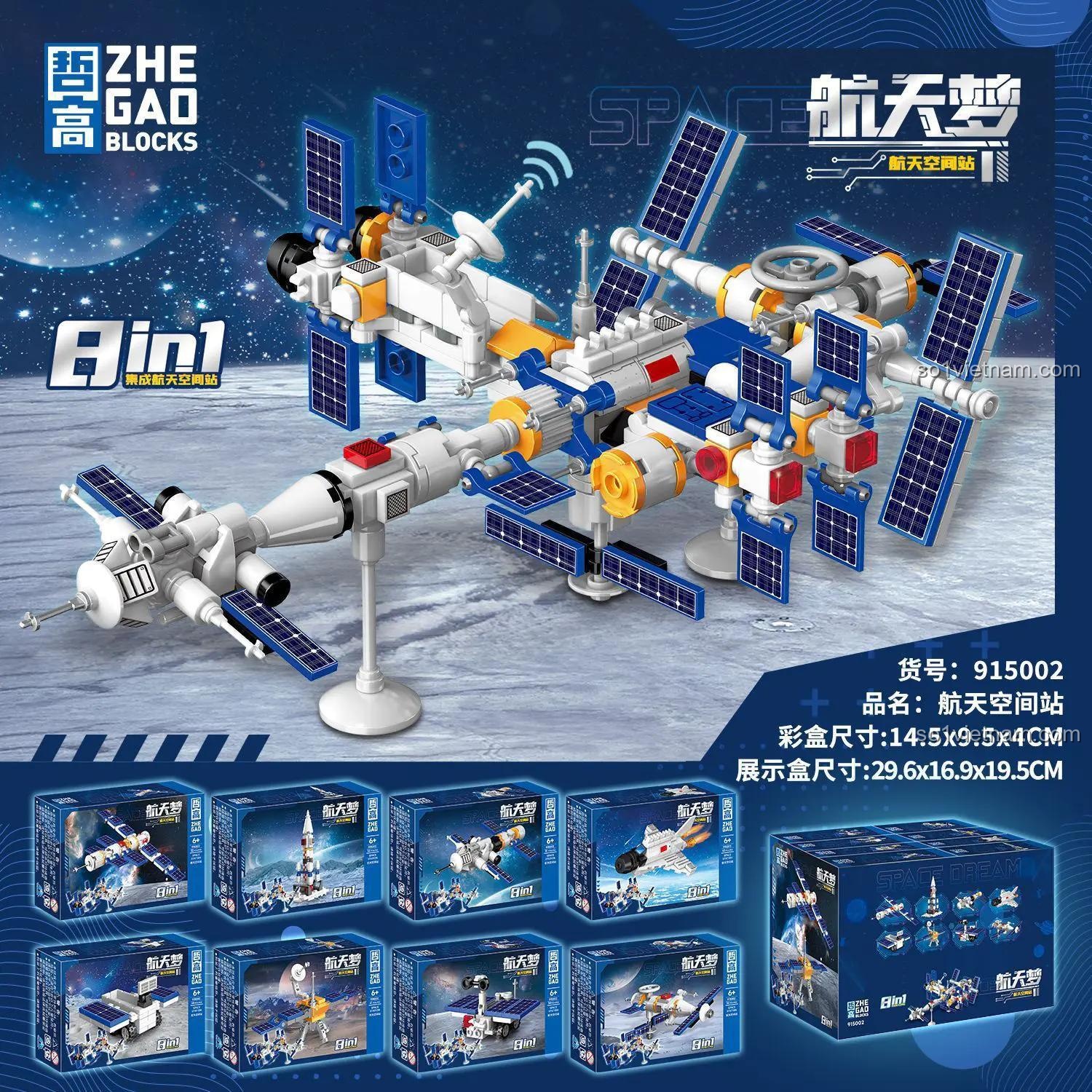 Hộp sản phẩm bộ lắp ghép Trạm Không Gian 8 trong 1 ZHEGAO 915002 với các mô hình lắp ráp