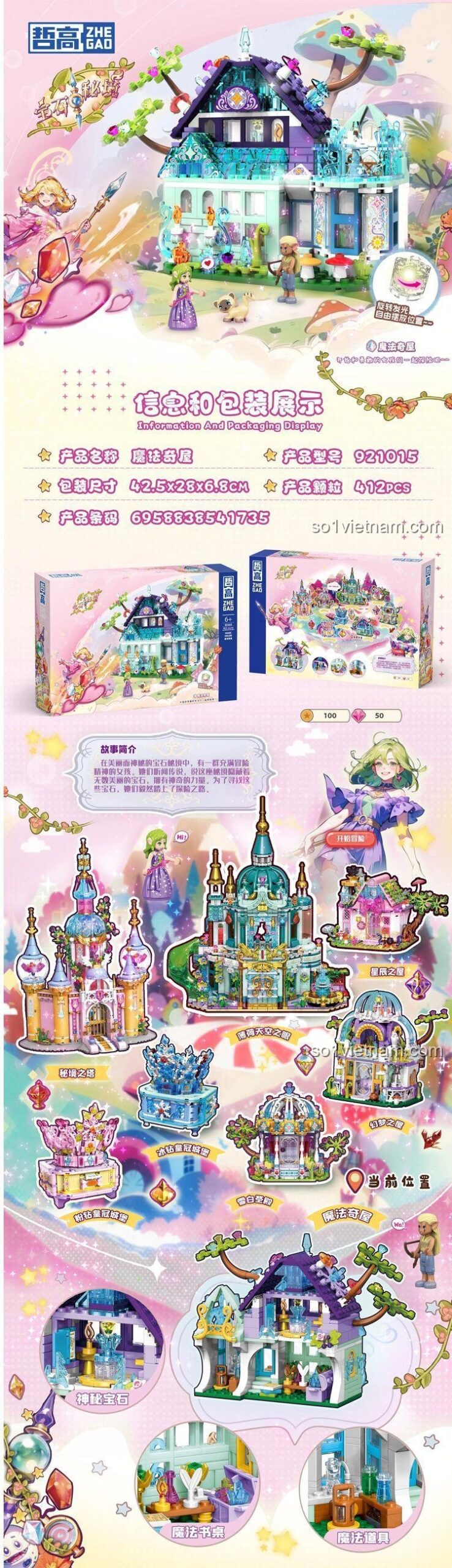 Chi tiết các bộ phận của mô hình Ngôi nhà Phép thuật ZHEGAO 921015