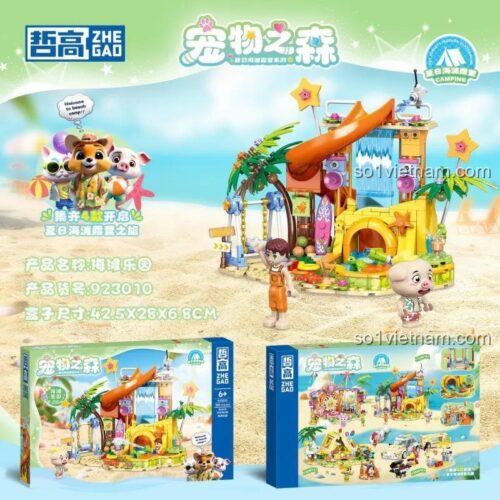 Hộp bộ lắp ghép ZHEGAO 923010 Khu Vui Chơi Bãi Biển Rừng Thú Cưng, đồ chơi lắp ghép cho bé gái 6 tuổi, giá rẻ.