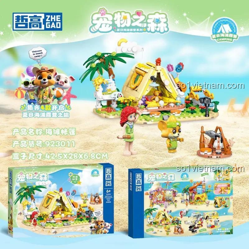 Hộp sản phẩm bộ xếp hình 923011 ZHEGAO, đồ chơi mô hình Khu cắm trại bãi biển, đồ chơi xây dựng Cắm trại bãi biển mùa hè cho bé gái 6 tuổi, giá tiết kiệm.