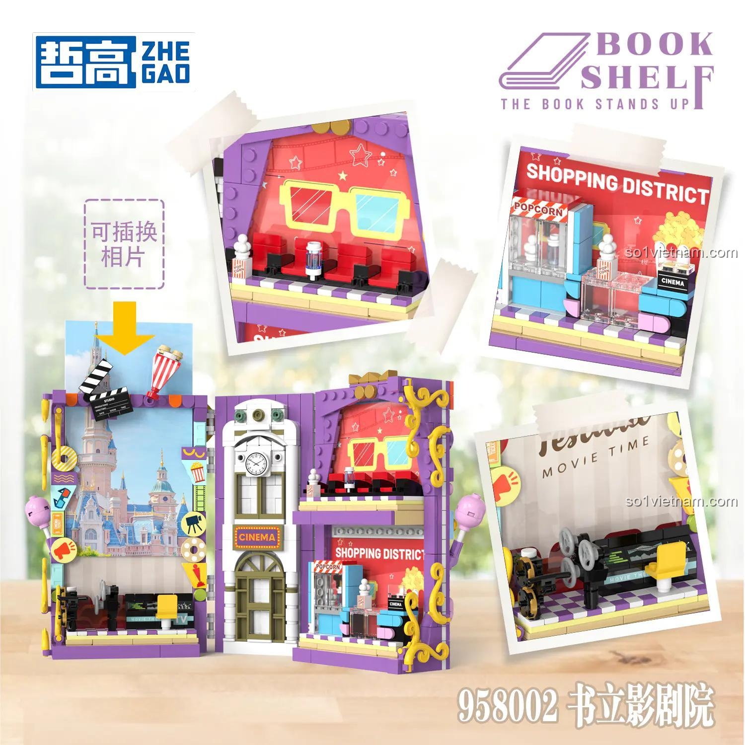 Chi tiết bên trong đồ chơi mô hình ZHEGAO 958002 Hộp sách trang trí điện ảnh, có thể thay đổi phông nền.