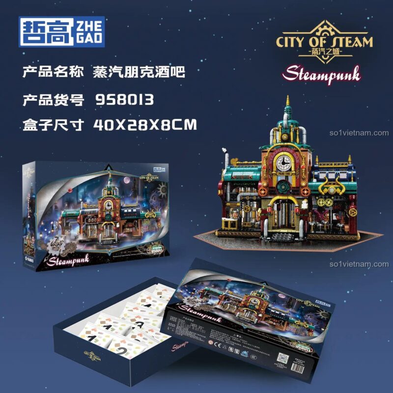 Bên trong hộp bộ lắp ghép Kiến trúc Steampunk 958013, các túi chi tiết được đánh số rõ ràng, dễ dàng lắp ráp.