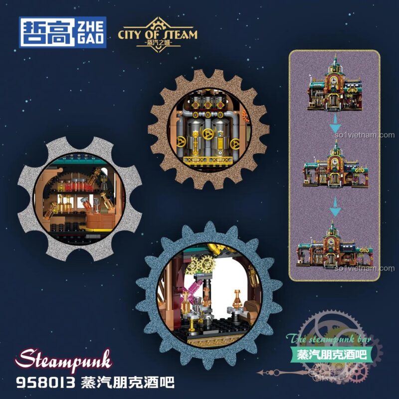 Chi tiết tinh xảo của bộ xếp hình 958013, các bánh răng và đường ống đậm chất Steampunk, dành cho người chơi hệ sáng tạo.