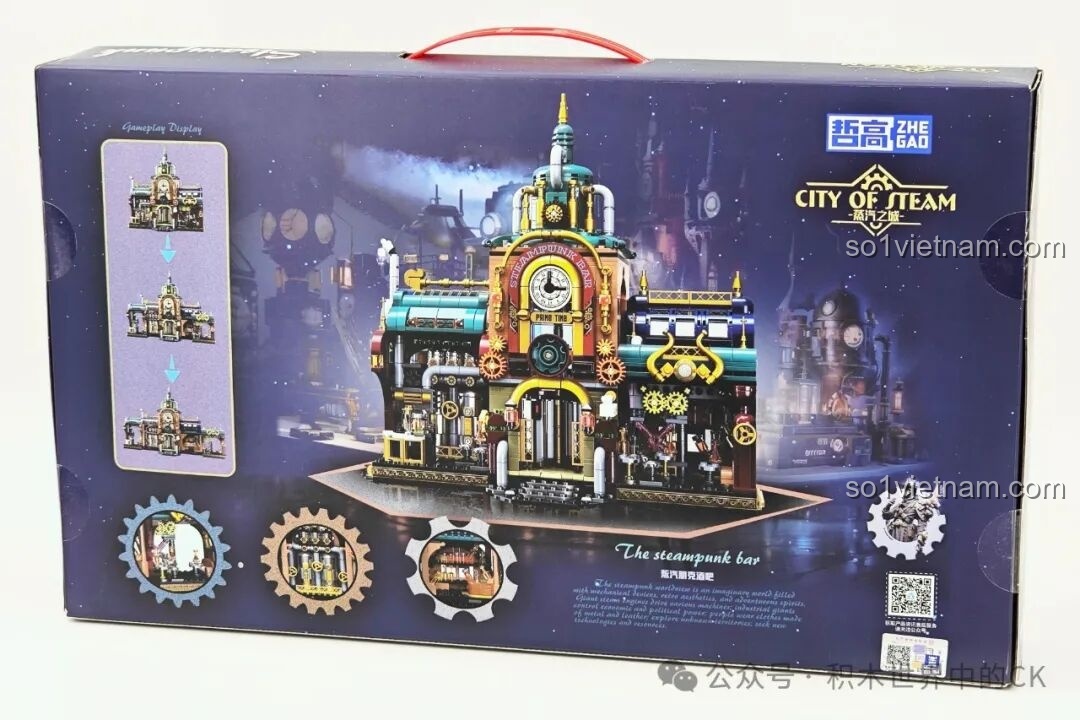 Mặt sau hộp ZHEGAO 958013 mô tả các tính năng gameplay độc đáo như cơ chế mở rộng và chuyển động của các bánh răng.