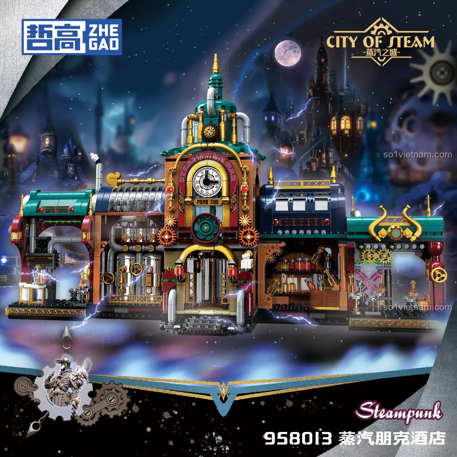 Poster chính thức đồ chơi mô hình ZHEGAO 958013, mô hình Quán Bar Steampunk với thiết kế cơ khí độc đáo, giá tốt.