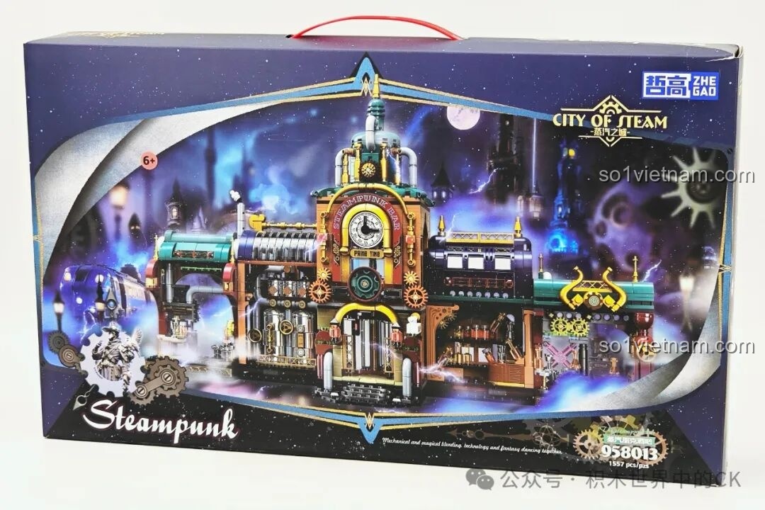 Hộp sản phẩm bộ lắp ráp ZHEGAO 958013 Quán Bar Steampunk Thành Phố Hơi Nước với hình ảnh mô hình hoàn thiện lung linh, huyền ảo.