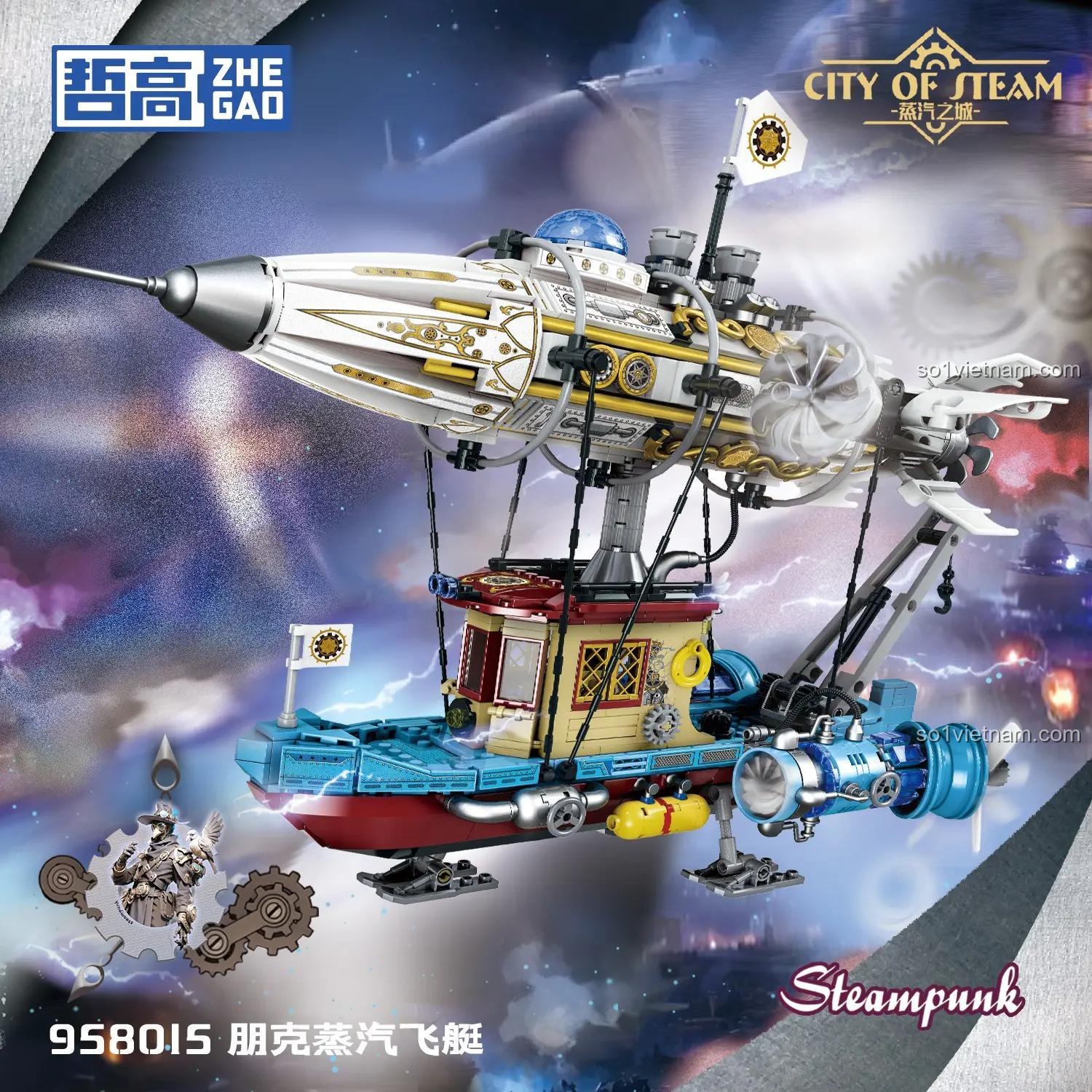 Cận cảnh chi tiết bộ lắp ghép ZHEGAO 958015 Tàu bay cơ khí Steampunk, chất lượng cao cấp. Đồ chơi mô hình Khí cầu Steampunk giá tốt.