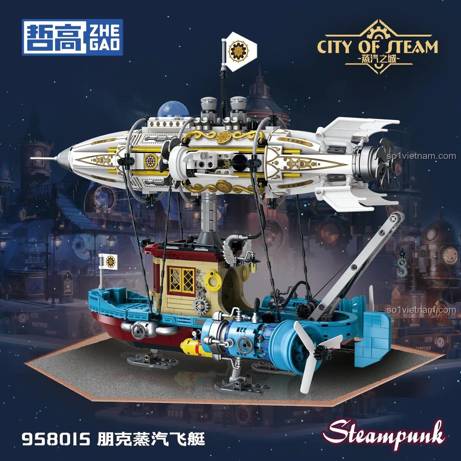 Đồ chơi mô hình Khí cầu Steampunk 958015, một lựa chọn thay thế tiết kiệm cho LEGO®. Bộ lắp ráp Tàu bay cơ khí Steampunk với nhiều chi tiết.