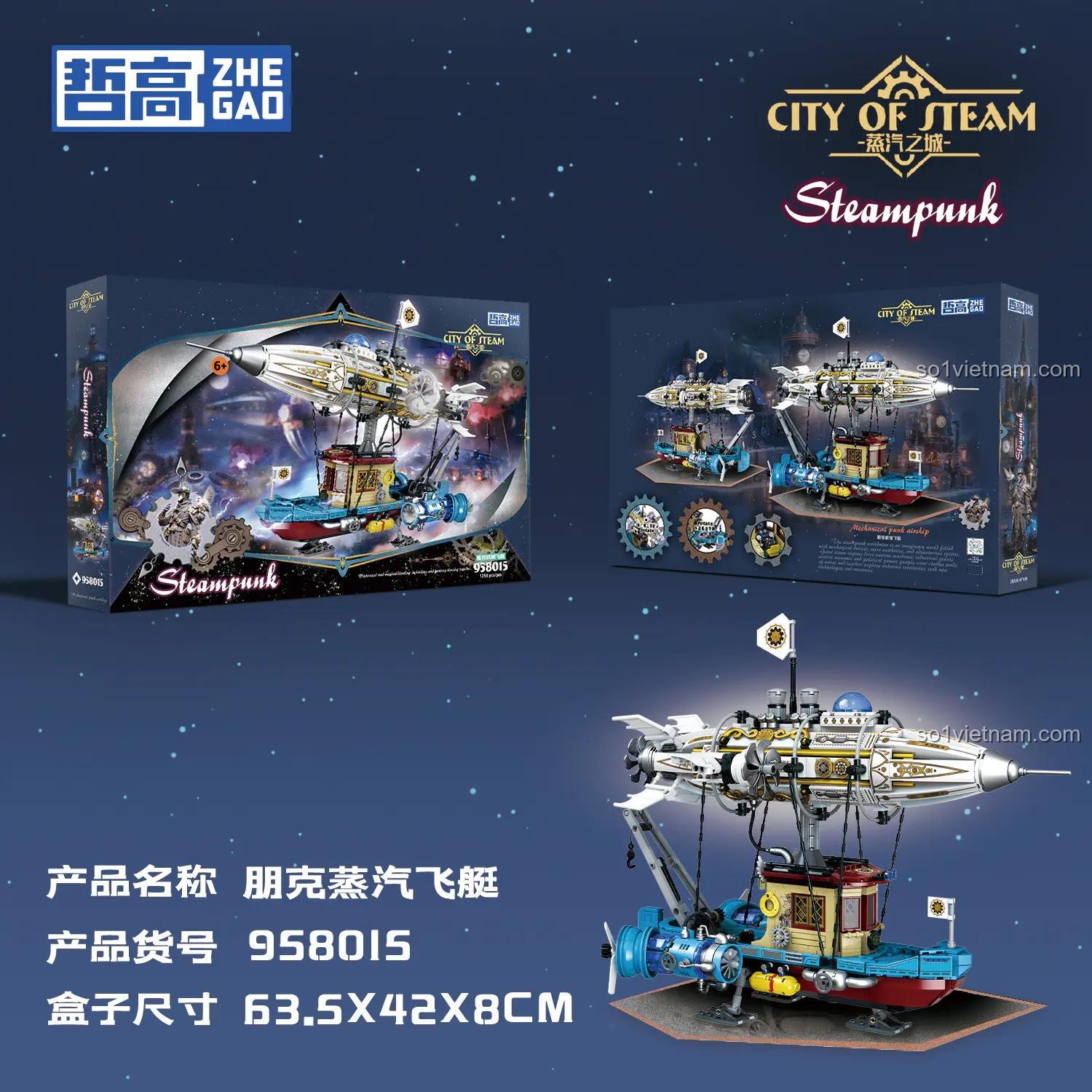 Mô hình Khí cầu Steampunk ZHEGAO 958015 sau khi lắp ráp, thiết kế chi tiết, màu sắc ấn tượng. Bộ lắp ghép Phi thuyền Steampunk dành cho bé trai.