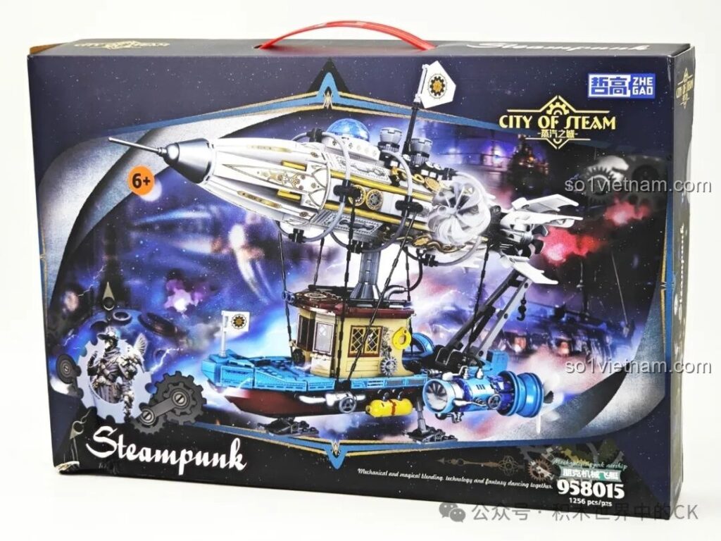 Hộp sản phẩm bộ lắp ráp ZHEGAO 958015 Phi Thuyền Cơ Khí Steampunk với hình ảnh mô hình hoàn thiện hoành tráng.