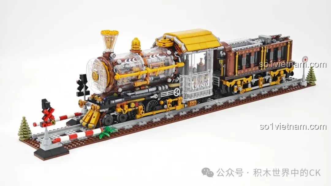 Góc nhìn chéo từ phía trước của mô hình Tàu Hỏa Steampunk ZHEGAO 958016, khoe trọn vẻ đẹp cơ khí và chi tiết.