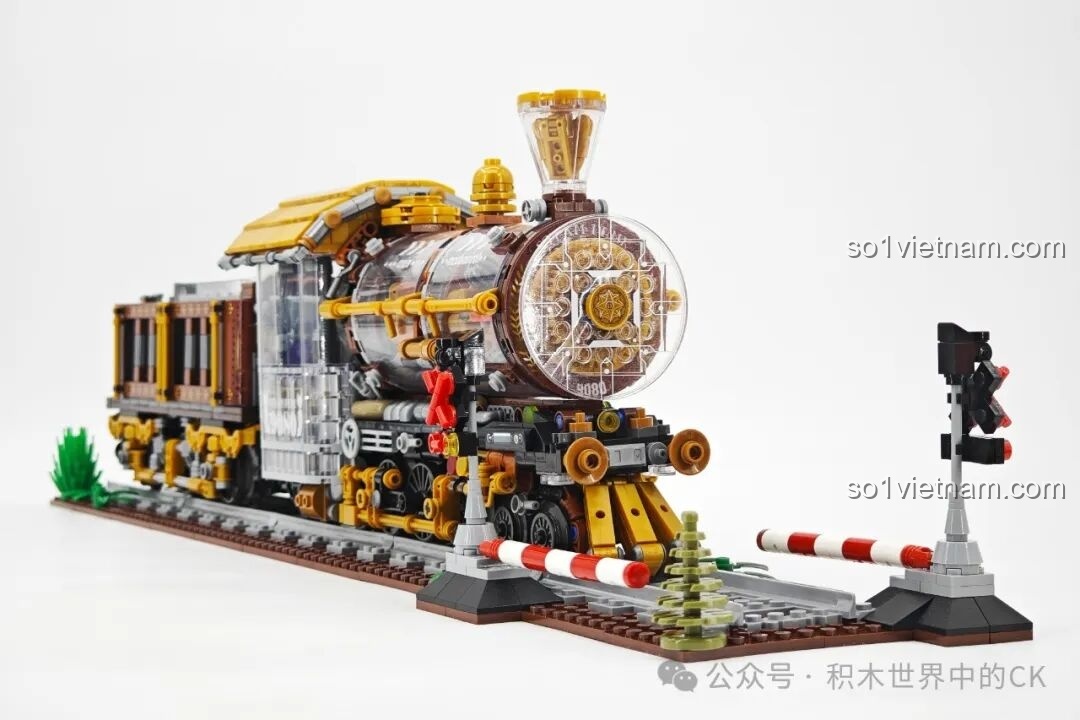 Góc nhìn đẹp nhất của mô hình Tàu Hỏa Steampunk ZHEGAO 958016, kết hợp giữa ánh sáng và chi tiết cơ khí.