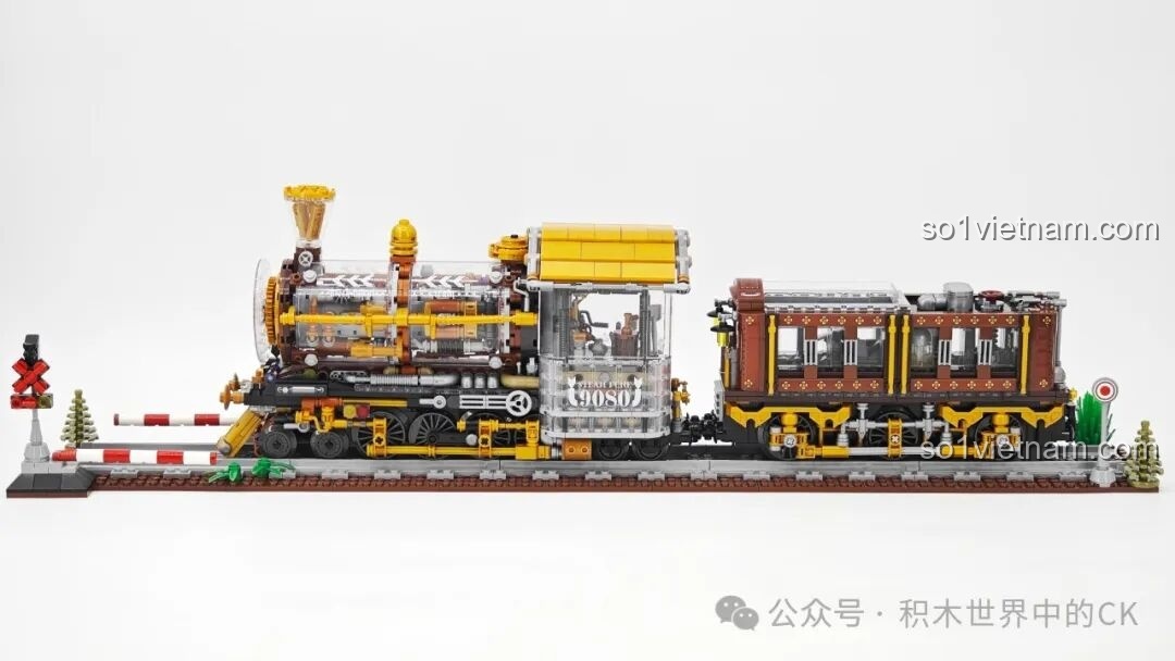 Ảnh chụp mô hình Tàu Hỏa Steampunk ZHEGAO 958016 từ bên hông, cho thấy toàn bộ chiều dài và các toa tàu.