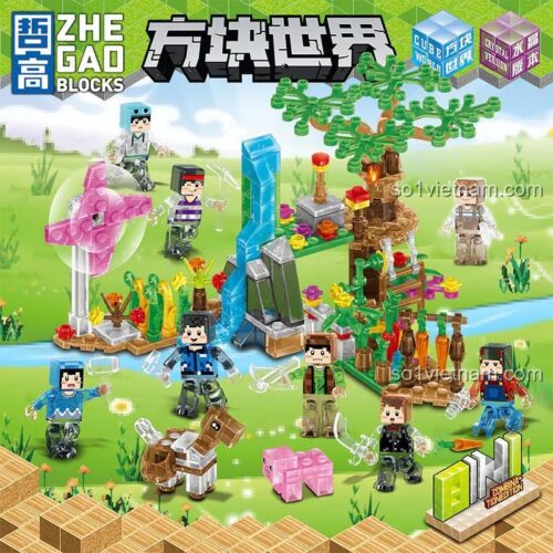 Tổng thể 8 mô hình và nhân vật của bộ đồ chơi xếp hình ZHEGAO 981002 Khu Vườn Pha Lê Minecraft, lựa chọn giá rẻ thay thế LEGO®.