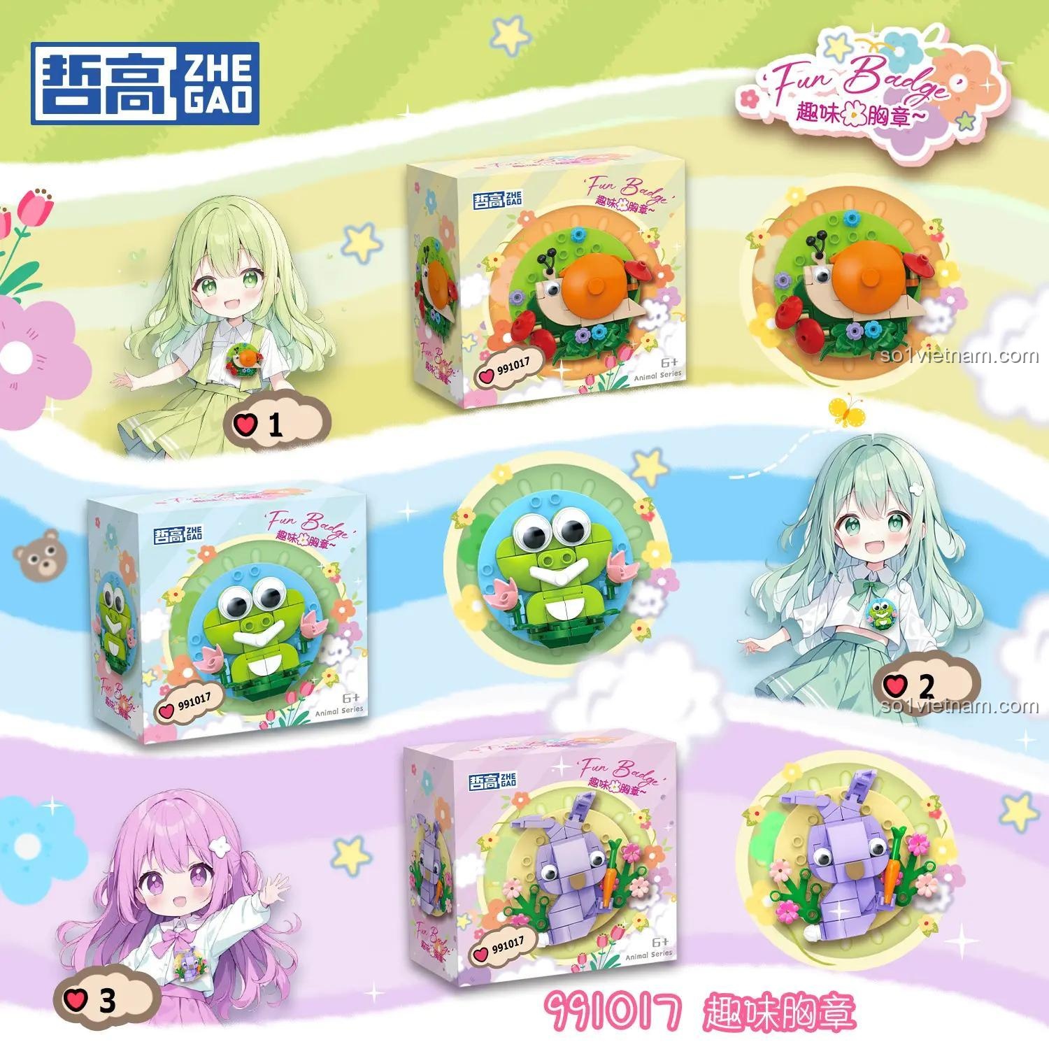 Đồ chơi lắp ghép Huy hiệu động vật ZHEGAO 991017, bộ xếp hình Huy hiệu cài áo giá rẻ cho bé gái 6 tuổi, với các mẫu ốc sên, ếch, thỏ.