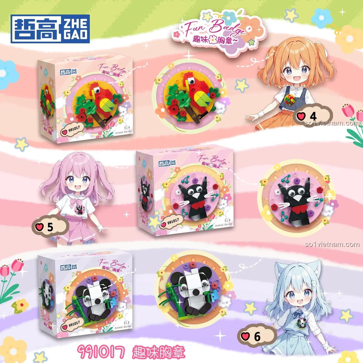 Bộ lắp ghép ZHEGAO 991017 Huy hiệu động vật, đồ chơi mô hình Huy hiệu cài áo chất lượng tốt cho bé gái 6 tuổi, với các mẫu vẹt, mèo, gấu trúc.