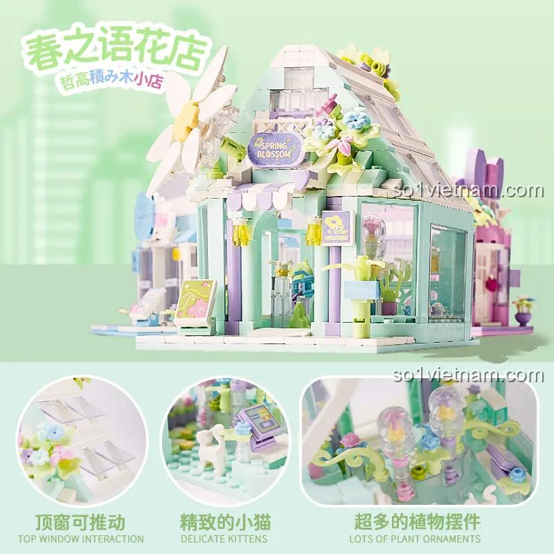 Bộ lắp ghép Cửa hàng hoa Ngôn ngữ mùa xuân ZHEGAO DS1026 mô hình đã lắp ráp hoàn chỉnh, thiết kế tinh tế, nhiều chi tiết hoa lá, cho bé gái 8 tuổi