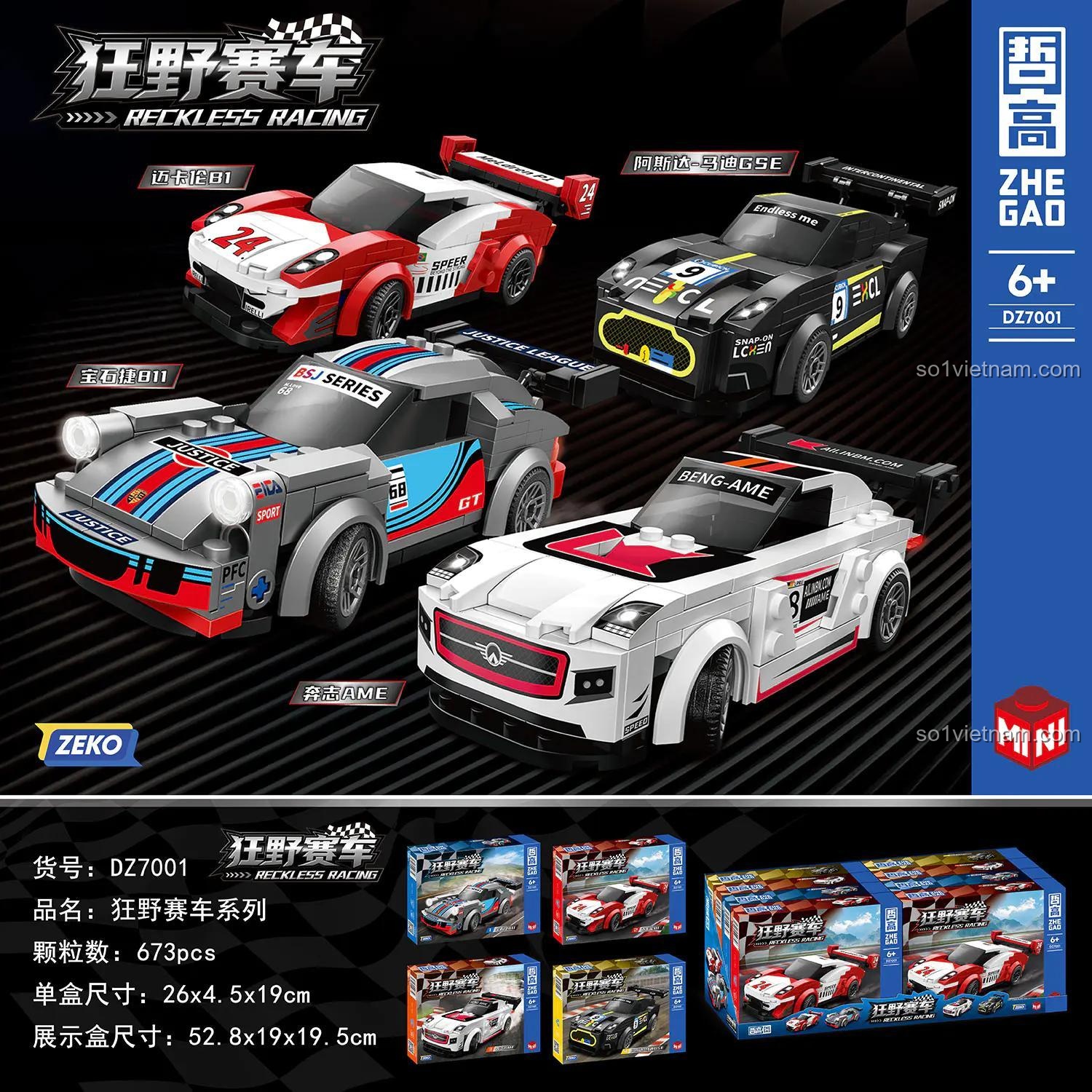 ZHEGAO DZ7001 Reckless Racing - Bộ lắp ghép xe đua tốc độ cao, 673 mảnh, 4 mẫu lắp được, màu đỏ trắng, cho bé 6 tuổi