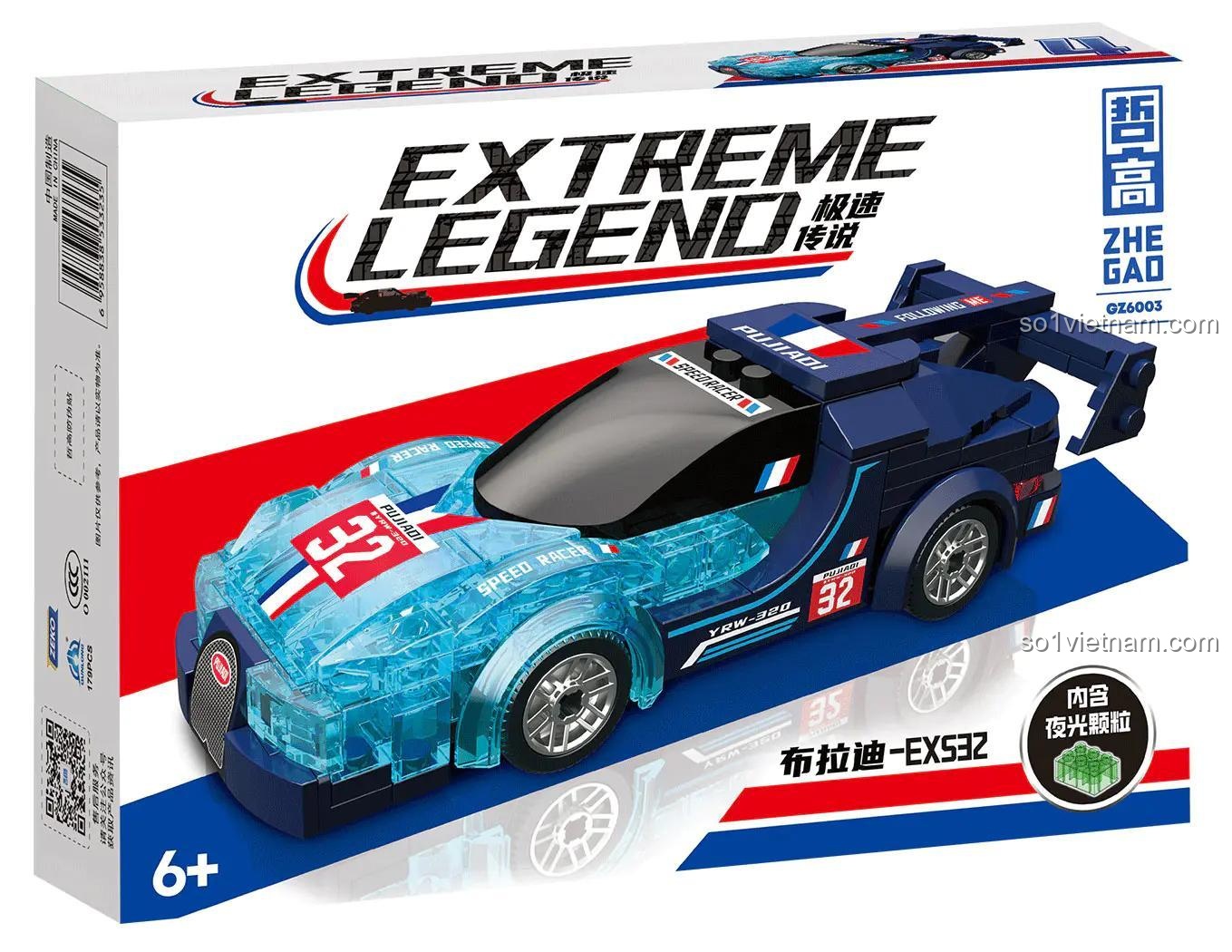 Xe Đua Huyền Thoại Tốc Độ ZHEGAO GZ6003, mẫu Brady-EXS32 màu xanh trong suốt, có chi tiết phát sáng, đồ chơi lắp ráp cho bé trai.