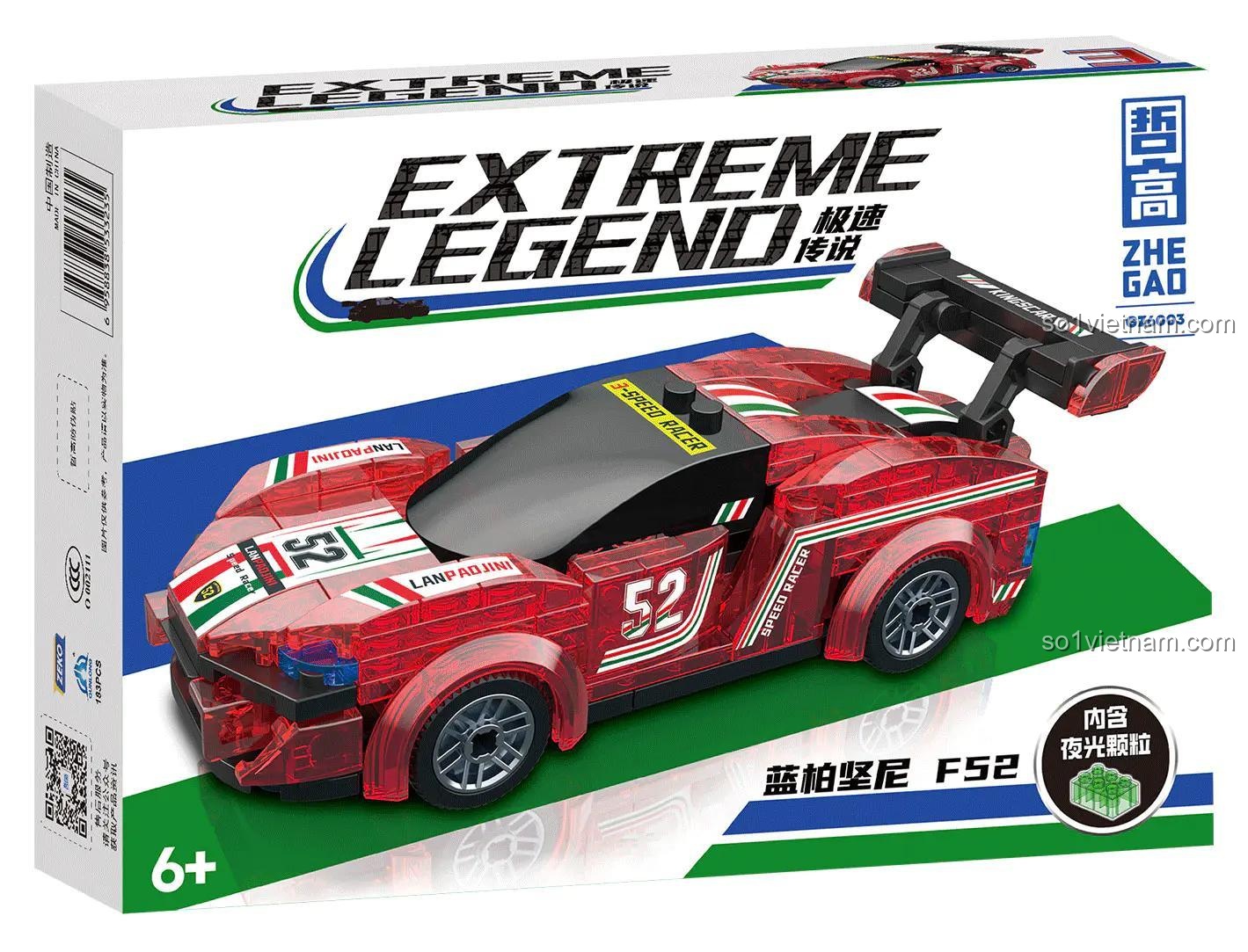 Bộ xếp hình Siêu Xe Đua ZHEGAO GZ6003, mẫu Lanpaojini FS2 màu đỏ trong suốt, chi tiết phát sáng, đồ chơi cho bé trai 6 tuổi.