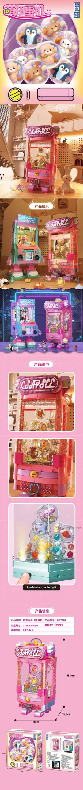 Chi tiết tính năng của đồ chơi mô hình Máy Nhả Trứng Bất Ngờ ZHEGAO GZ7067, có đèn LED cảm ứng, phù hợp cho con gái.