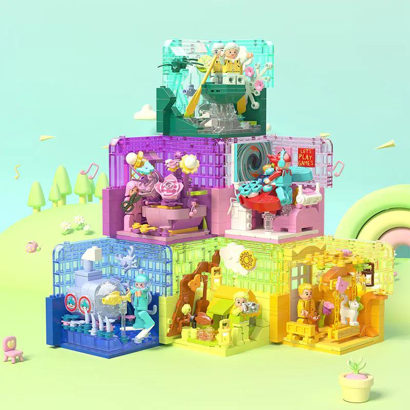 Ảnh chụp toàn bộ bộ lắp ghép Hộp trưng bày lặn biển ZHEGAO GZ7093. Bộ sưu tập 6 hộp xếp chồng với các chủ đề kỳ nghỉ, đồ chơi cho bé gái 6 tuổi, giá rẻ.