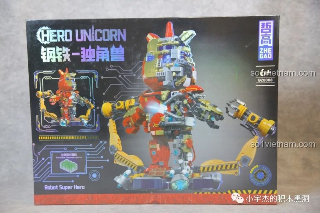 Mặt trước hộp của bộ lắp ghép Robot bán cơ khí ZHEGAO GZ 8008 Hero Unicorn, thể hiện mô hình hoàn chỉnh.