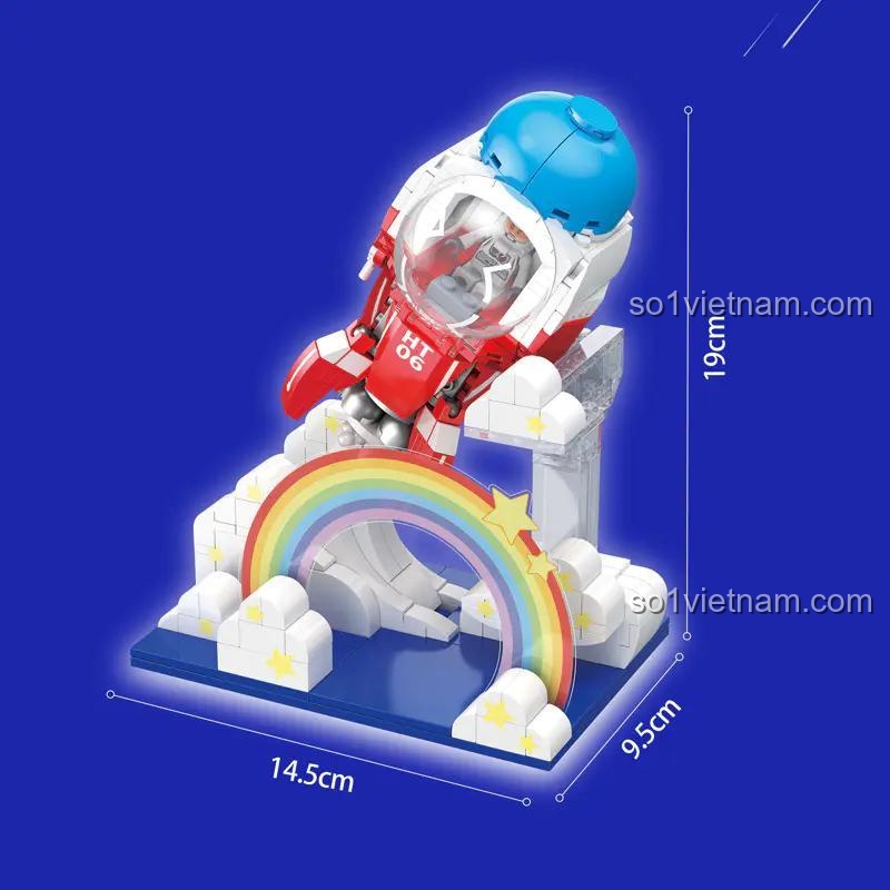 Kích thước bộ xếp hình HT1006 Tên lửa Q-version: cao 19cm, dài 14.5cm, rộng 9.5cm.