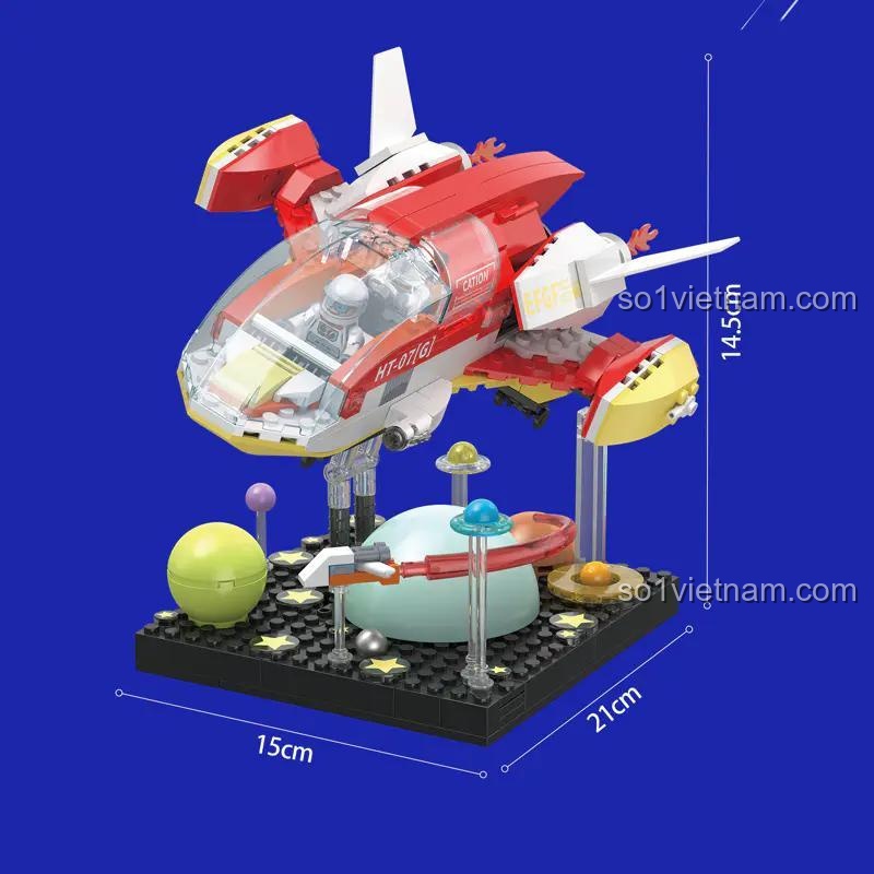 Kích thước chi tiết của bộ xếp hình HT1007 Tàu vũ trụ thám hiểm, dài 21cm, rộng 15cm, cao 14.5cm.