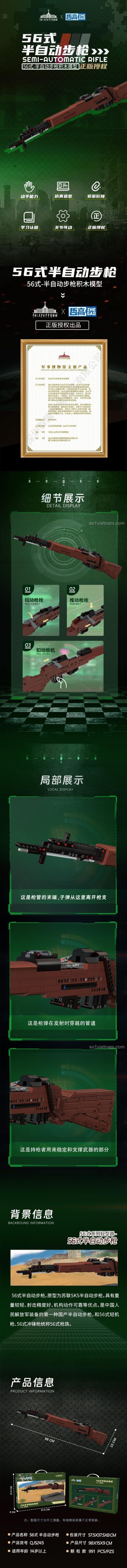 Chi tiết tính năng của mô hình súng Zhegao QJ5245 Súng trường SKS Trung Quốc. Bộ lắp ráp có thể bắn chun, kéo cò, tháo lắp băng đạn.