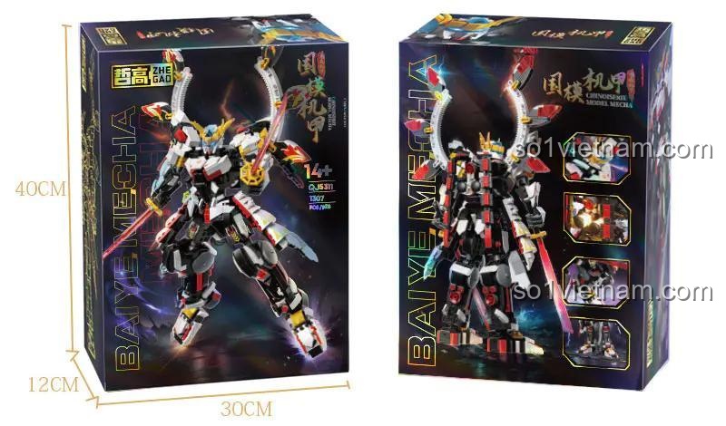 Hộp sản phẩm đồ chơi mô hình QJ5311 Cơ Giáp Bạch Dạ ZHEGAO, thể hiện kích thước hộp 40x30x12cm, phù hợp làm quà tặng cho con trai 14 tuổi.