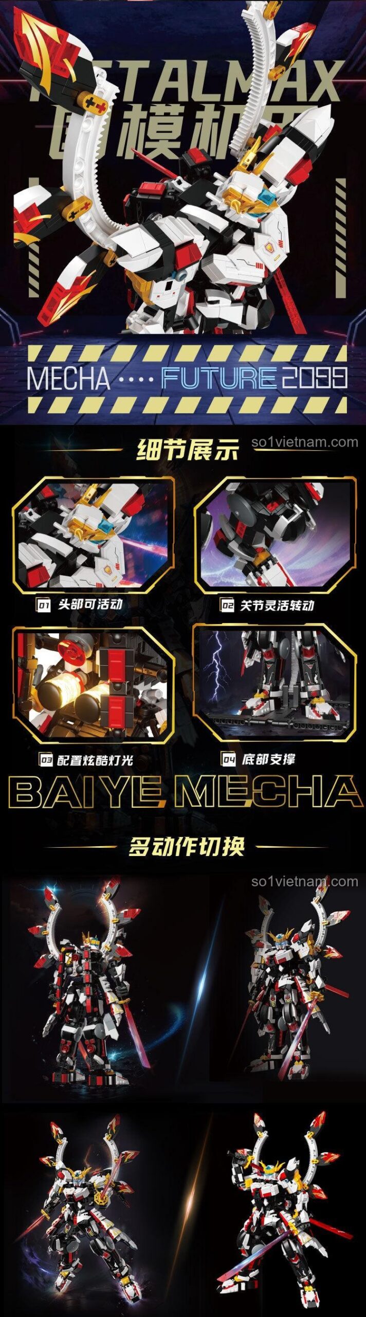 Chi tiết tính năng của bộ khối lắp ghép Chiến Binh Cơ Giáp Bạch Dạ 5311, có đèn LED, khớp nối linh hoạt, đầu cử động được, đồ chơi lắp ráp ZHEGAO.