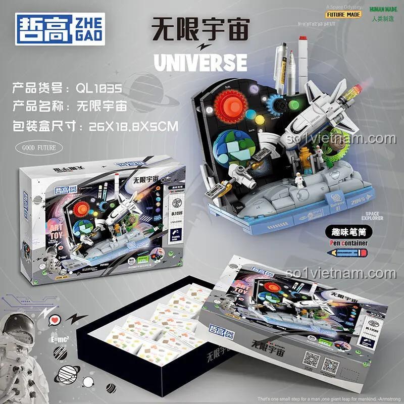 hộp và mô hình Ống Đựng Bút Vũ Trụ ZHEGAO QL1035, bộ khối lắp ghép QL1035, đồ chơi xây dựng cho bé trai 6 tuổi