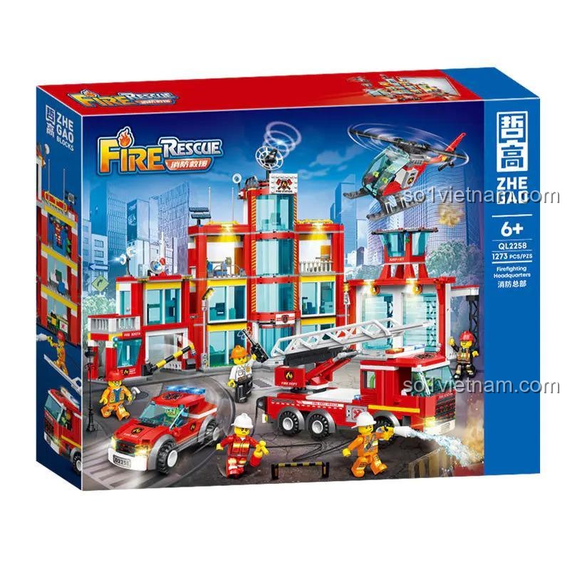Hộp bộ xếp hình QL2258 Trụ sở cứu hỏa, đồ chơi mô hình Đội cứu hỏa ZHEGAO cho bé trai 6 tuổi, chất lượng cao.